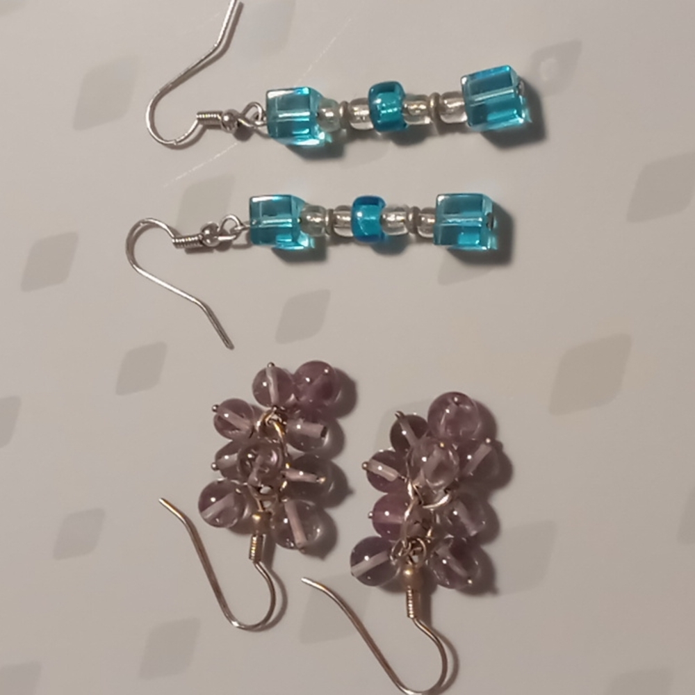 2 pair glass bead earrings lavender round drop beads & square aqua blue beads